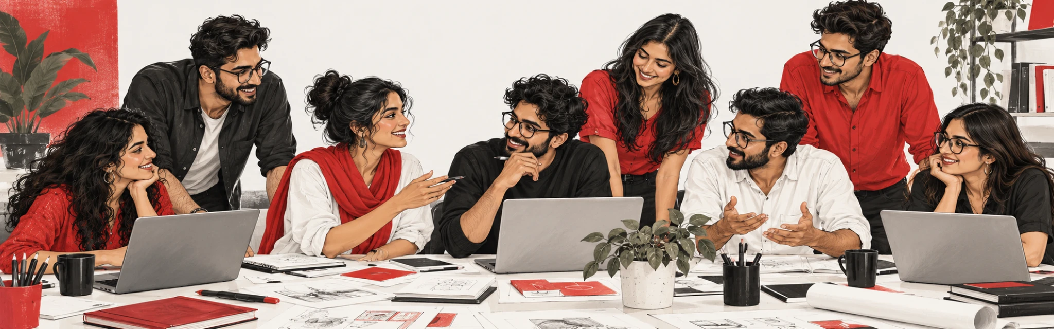 Illustration of a fictional Indian digital agency team collaborating