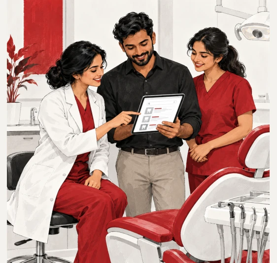 Illustrated fictional Indian personas in a dental search scene