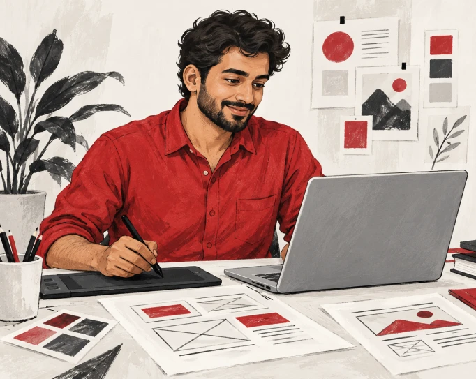 Rohan Iyer, fictional illustrated designer preparing creative work