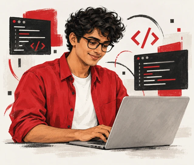 Ishaan Verma, fictional illustrated developer working on a laptop