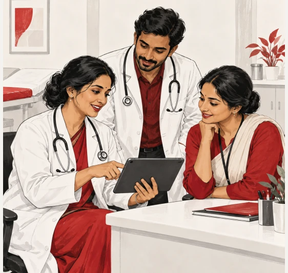 Illustrated fictional Indian personas in a healthcare branding scene