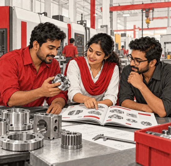 Illustrated fictional Indian personas in a manufacturing branding scene