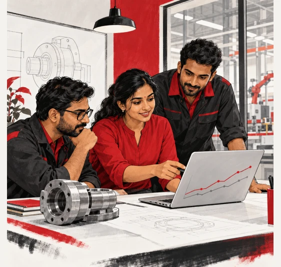 Illustrated fictional Indian personas in a manufacturing search scene