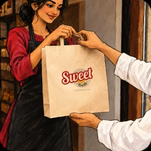Illustrated fictional Indian personas in a packaging handoff scene