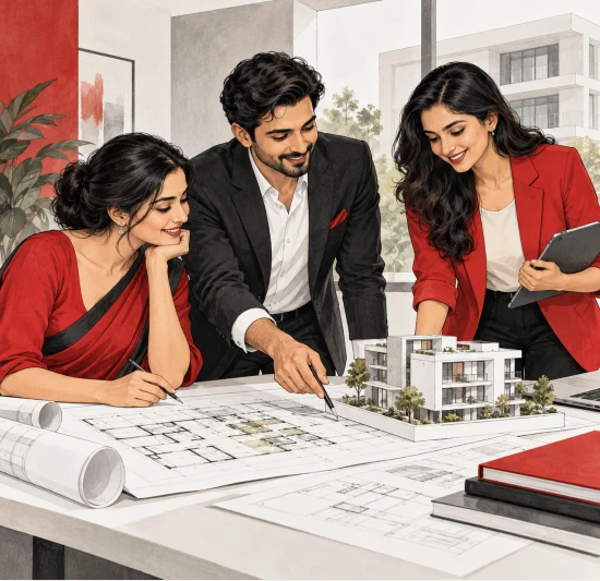 Illustrated fictional Indian personas in a real estate branding scene