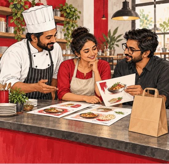 Illustrated fictional Indian personas in a restaurant branding scene
