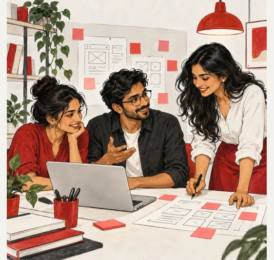 Illustrated fictional Indian personas in a startup branding scene